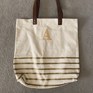 Gold Striped Initial “A” Tote w/ Leather Handles